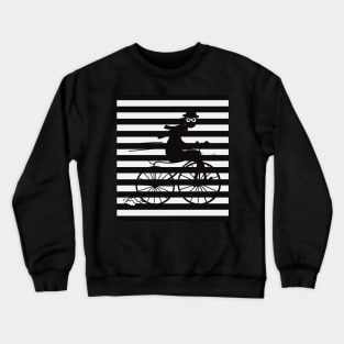 Black and white striped pattern with a shady cyclist running fast on an old bicycle Crewneck Sweatshirt